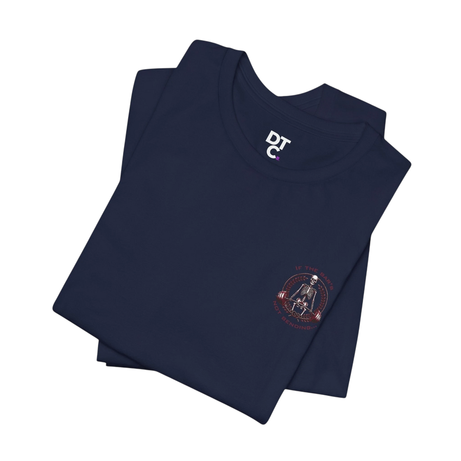 DailyThreadCo. navy blue 100% cotton t-shirt with a skeleton weightlifter graphic on the back and a small logo on the chest.
