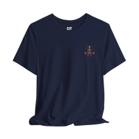 DailyThreadCo. navy blue 100% cotton t-shirt with a skeleton weightlifter graphic on the back and chest emblem. Crew neck, short sleeves, retail fit.