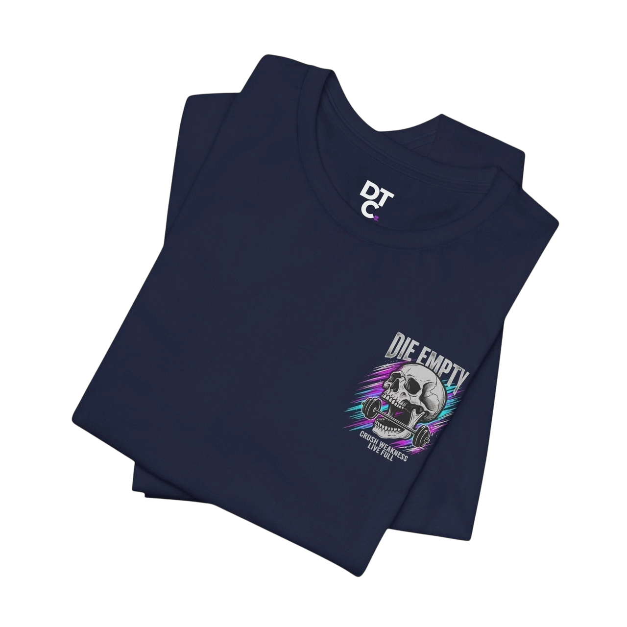 DailyThreadCo. navy blue 100% cotton t-shirt with a skull graphic holding a barbell and the text "DIE EMPTY".