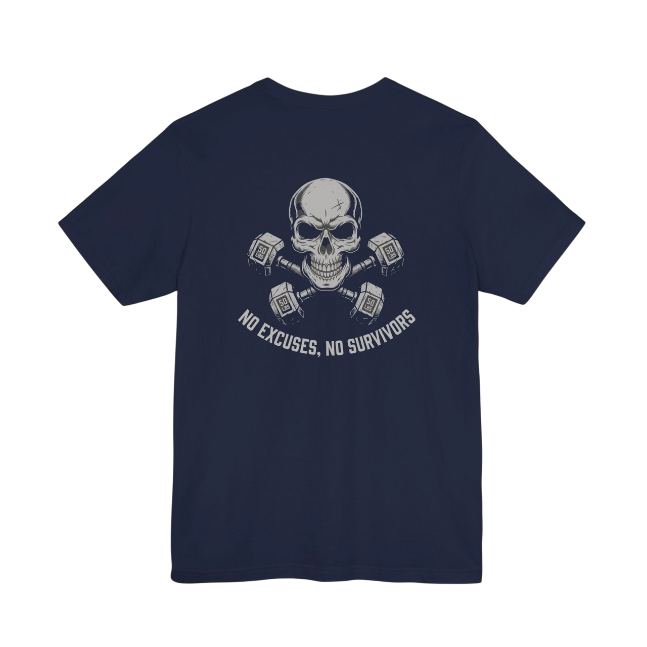 DailyThreadCo. navy blue cotton fitness t-shirt featuring a skull and dumbbell graphic on the back.