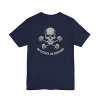 DailyThreadCo. navy blue cotton fitness t-shirt featuring a skull and dumbbell graphic on the back.