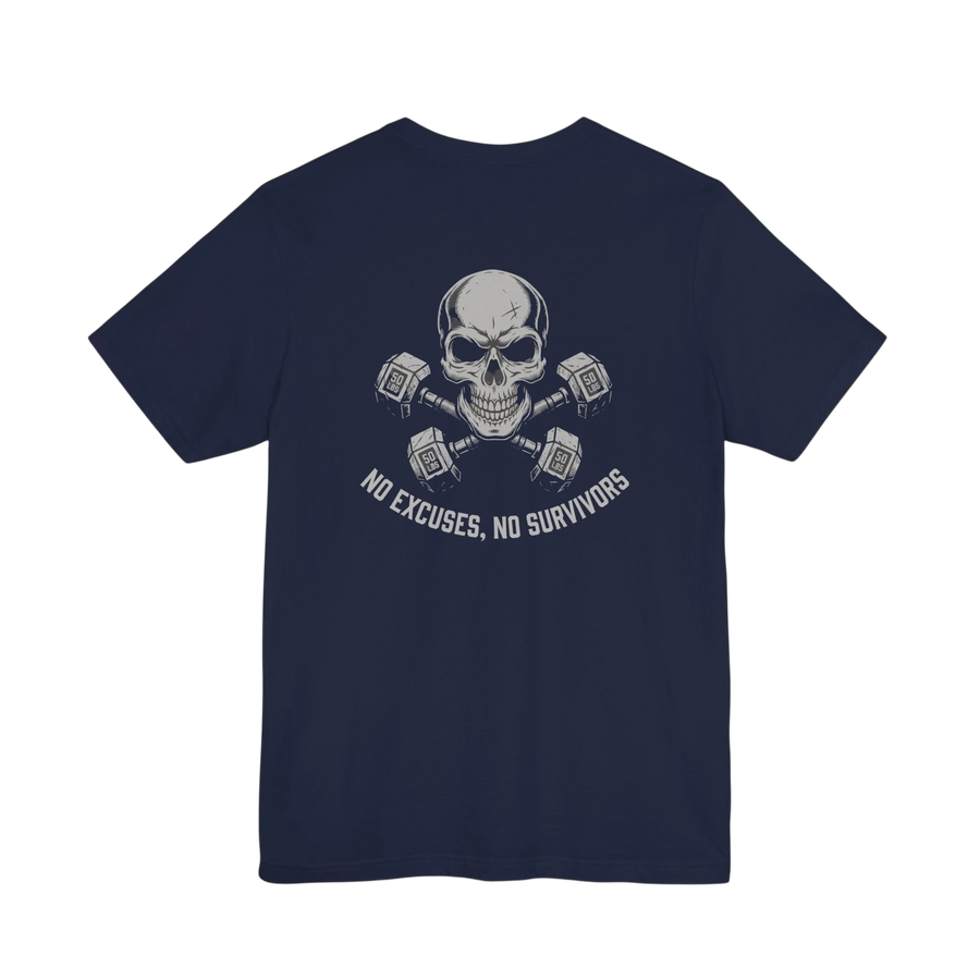 DailyThreadCo. navy blue cotton fitness t-shirt featuring a skull and dumbbell graphic on the back.