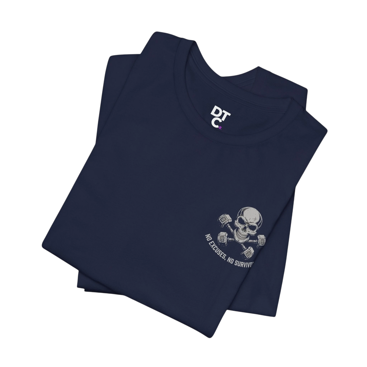 DailyThreadCo. navy blue 100% cotton crew neck t-shirt with a skull and dumbbells graphic and "No Excuses, No Survivors" text.