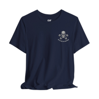 DailyThreadCo. navy blue crew-neck fitness t-shirt featuring a small skull and dumbbells graphic on the chest.