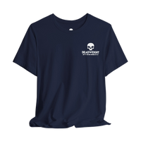 DailyThreadCo. navy blue cotton crew neck t-shirt with a small white skull graphic and Deadweight text on the chest.