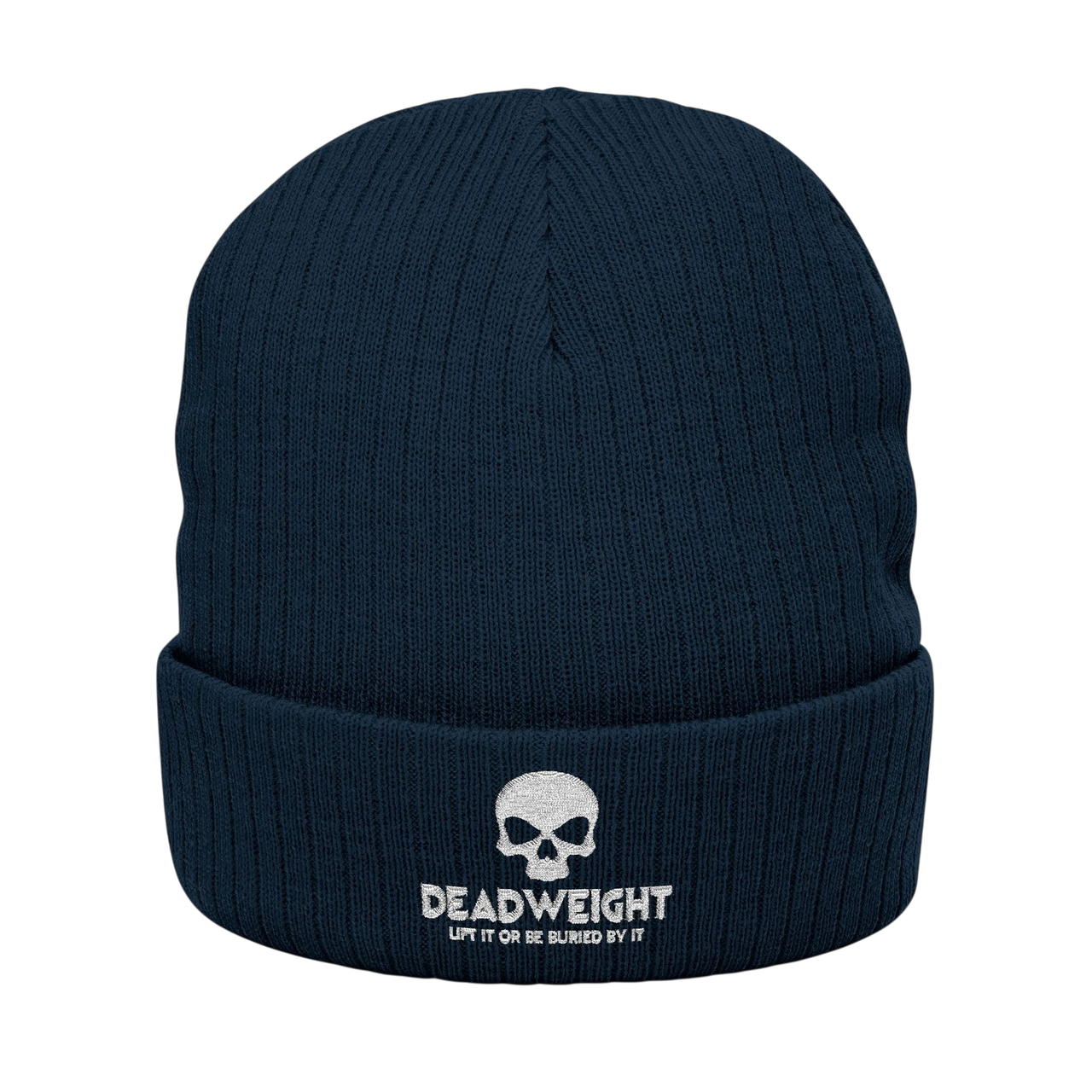 DailyThreadCo. navy blue ribbed knit beanie with a white embroidered skull and Dead Weight text on the cuffed front.