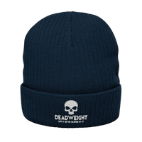 DailyThreadCo. navy blue ribbed knit beanie with a white embroidered skull and Dead Weight text on the cuffed front.