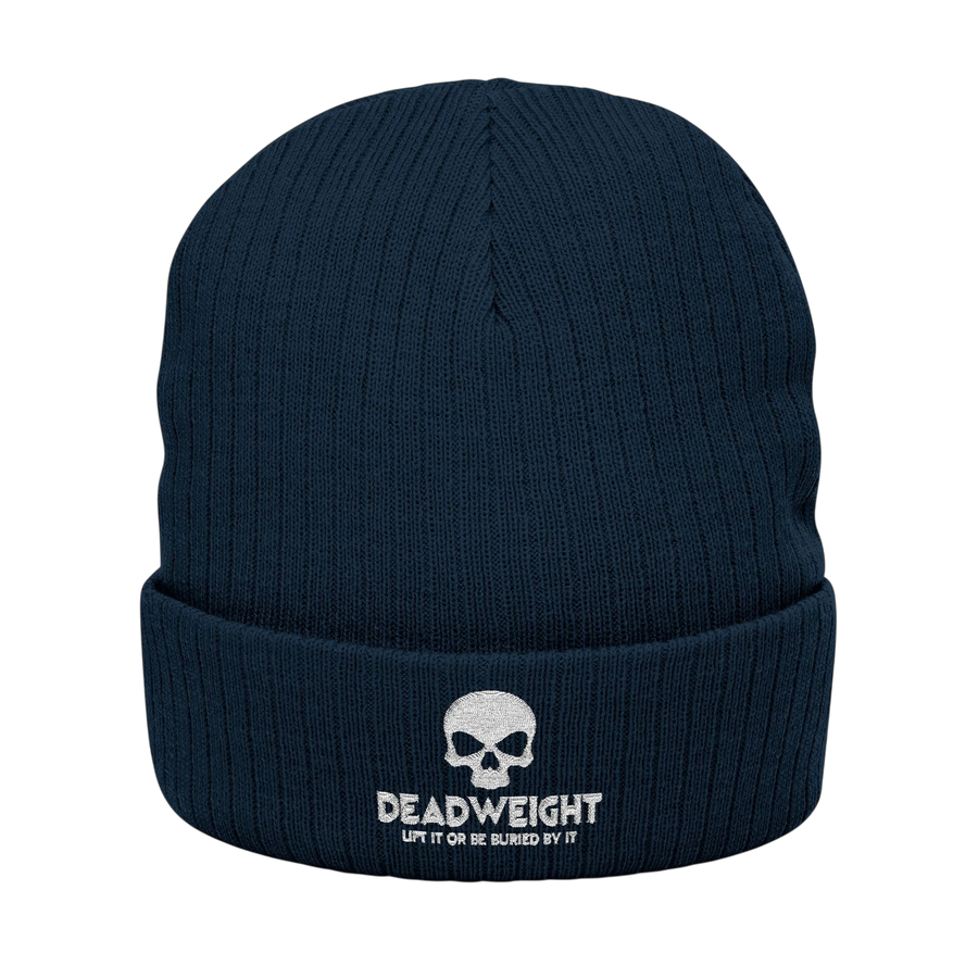 DailyThreadCo. navy blue ribbed knit beanie with a white embroidered skull and Dead Weight text on the cuffed front.