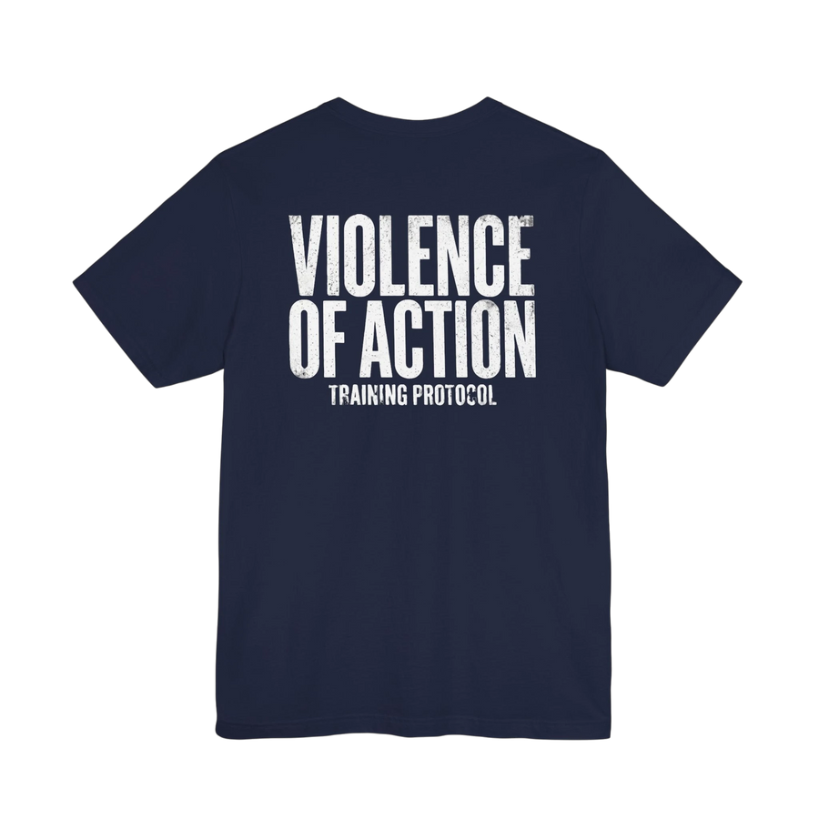 DailyThreadCo. navy blue 100% cotton t-shirt with "VIOLENCE OF ACTION TRAINING PROTOCOL" graphic print on back.