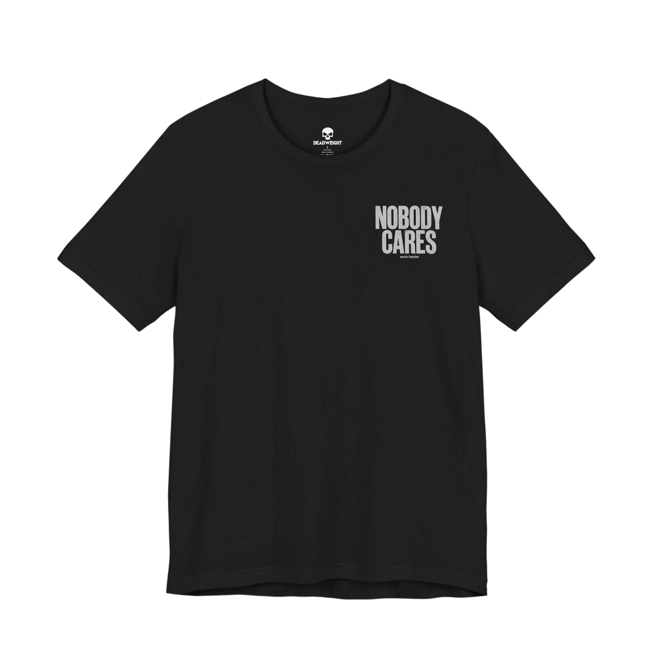 DailyThreadCo. black cotton graphic t-shirt featuring Nobody Cares text on the chest, retail fit with crew neck.