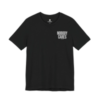 DailyThreadCo. black cotton graphic t-shirt featuring Nobody Cares text on the chest, retail fit with crew neck.