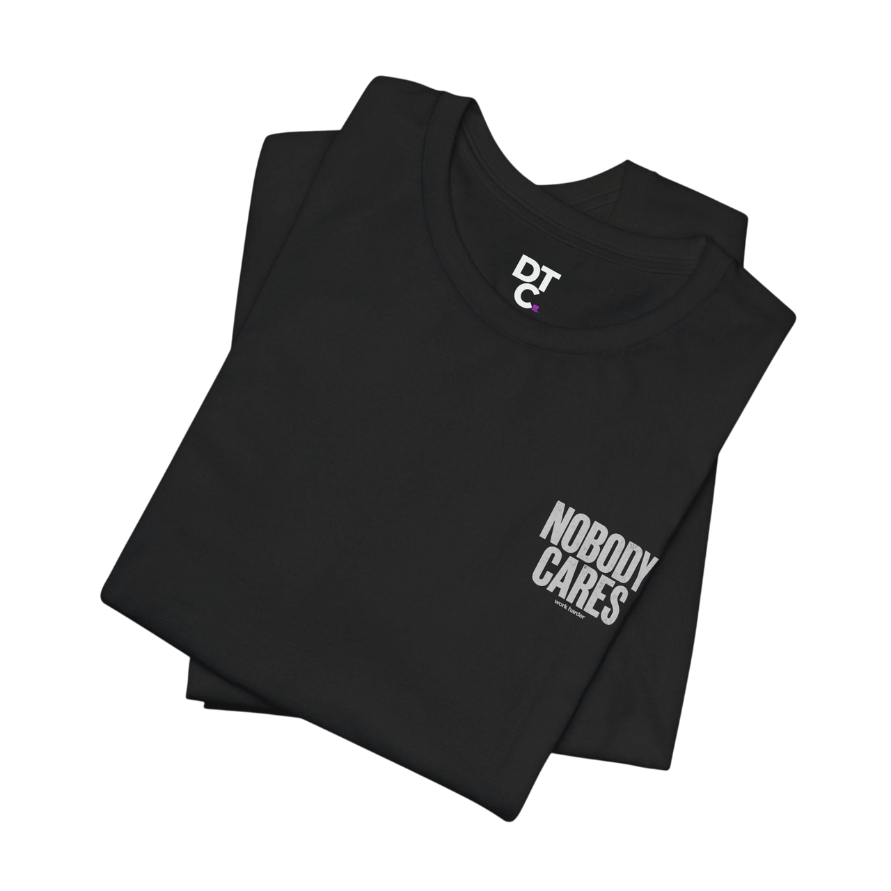 DailyThreadCo. black 100% cotton graphic tee with "Nobody Cares" text and DTC logo. Crew neck, short sleeves.