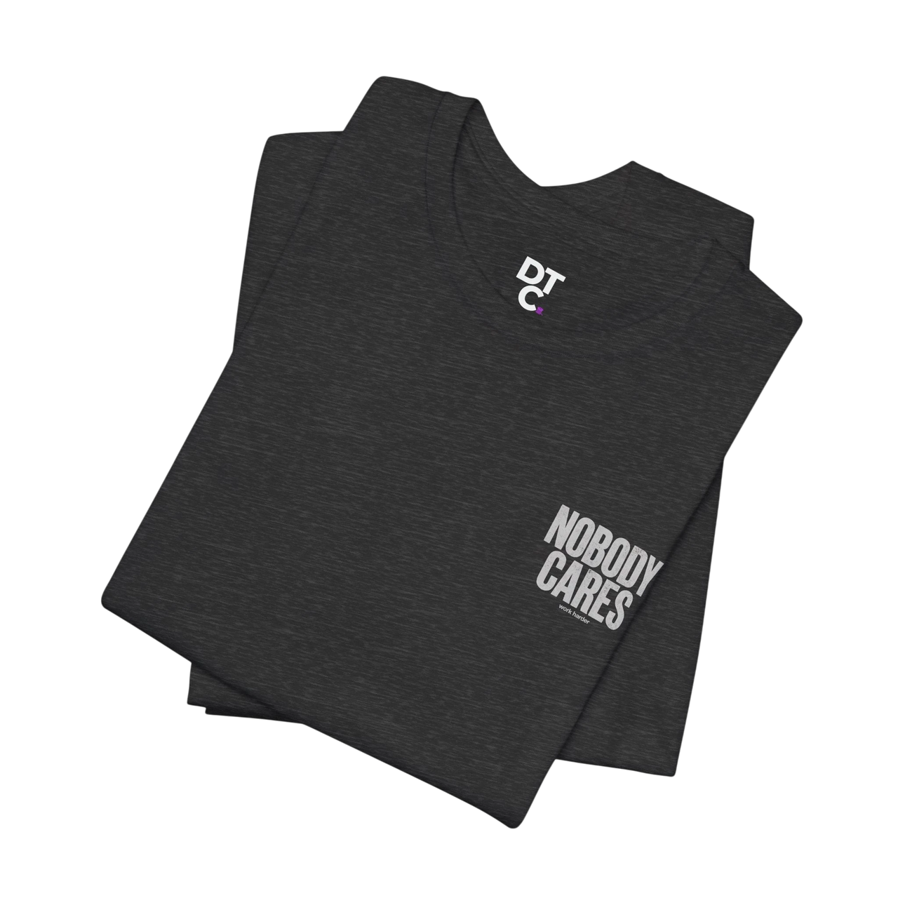 DailyThreadCo. dark grey cotton graphic tee with "Nobody Cares" text on the front and DTC logo on the chest.