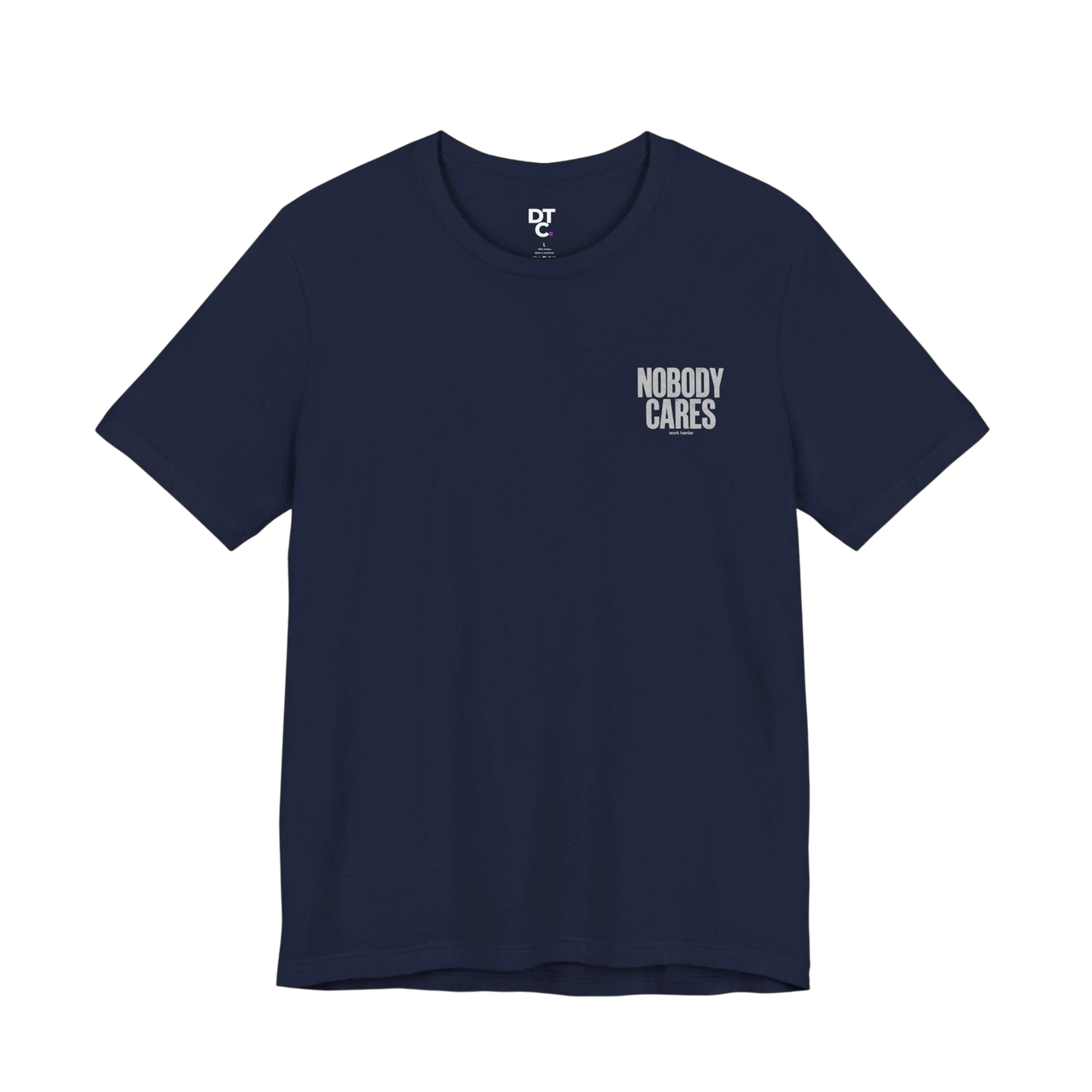 DailyThreadCo. navy blue 100% cotton graphic tee with "Nobody Cares" text art on the chest.