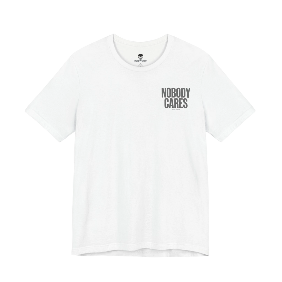 DailyThreadCo. white graphic t-shirt with Nobody Cares text print on the chest, made from lightweight cotton.