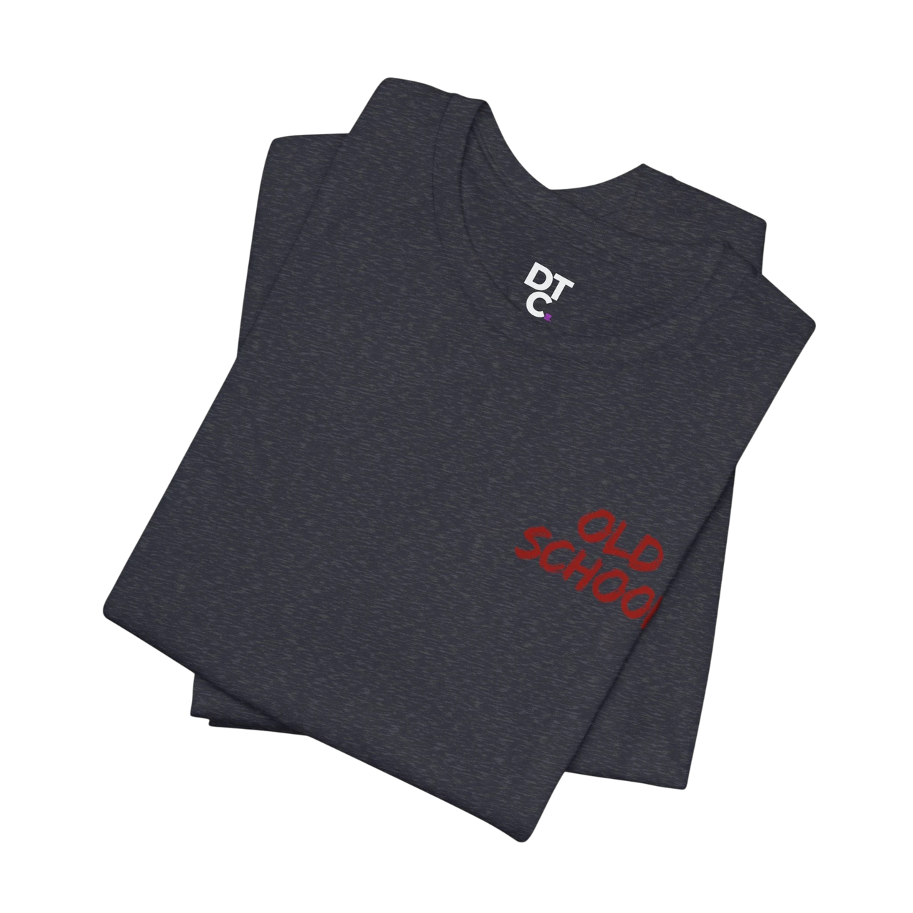 DailyThreadCo. dark grey heathered 100% cotton t-shirt with "OLD SCHOOL" in red text on the chest and a white DTC logo on the left chest.