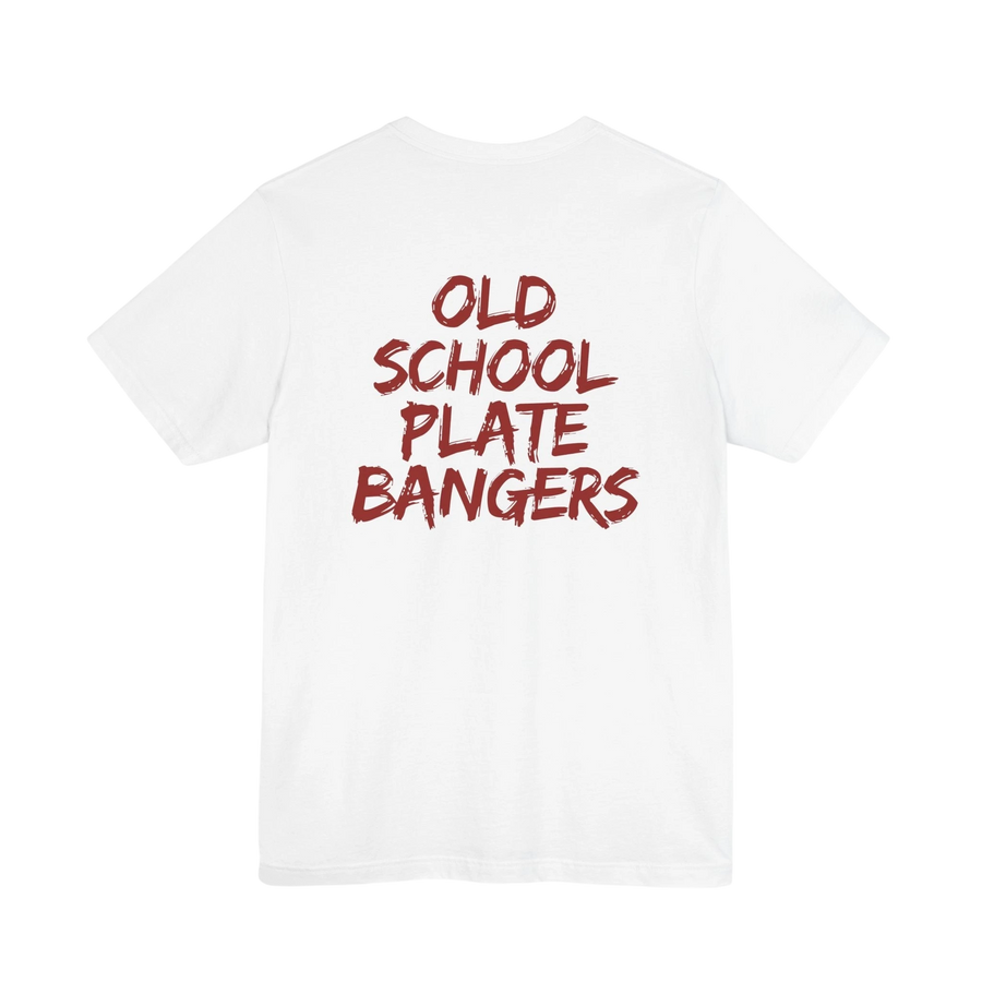 DailyThreadCo. white 100% cotton t-shirt with "OLD SCHOOL PLATE BANGERS" in distressed red lettering on the back.