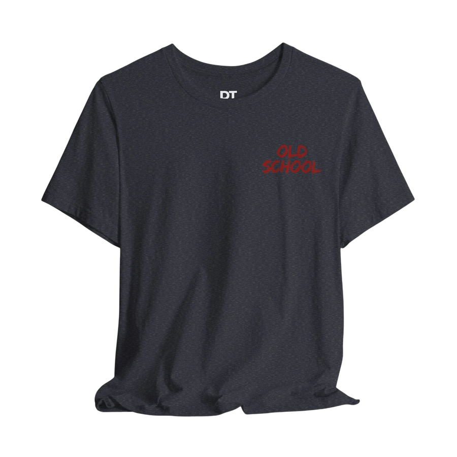 DailyThreadCo. dark grey heather 100% cotton t-shirt with red "OLD SCHOOL" graphic on chest and "OLD SCHOOL PLATE BANGERS" on back.
