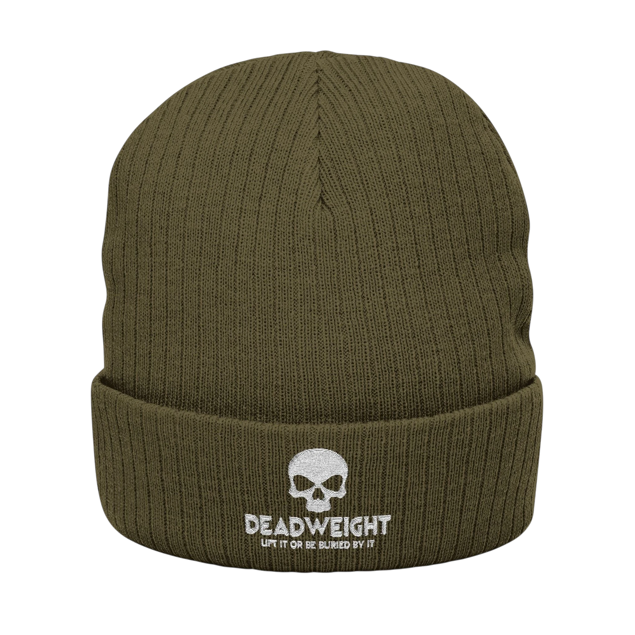 DailyThreadCo. olive green ribbed knit beanie with white embroidered skull Dead Weight graphic on the cuffed front.