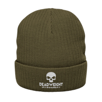 DailyThreadCo. olive green ribbed knit beanie with white embroidered skull Dead Weight graphic on the cuffed front.