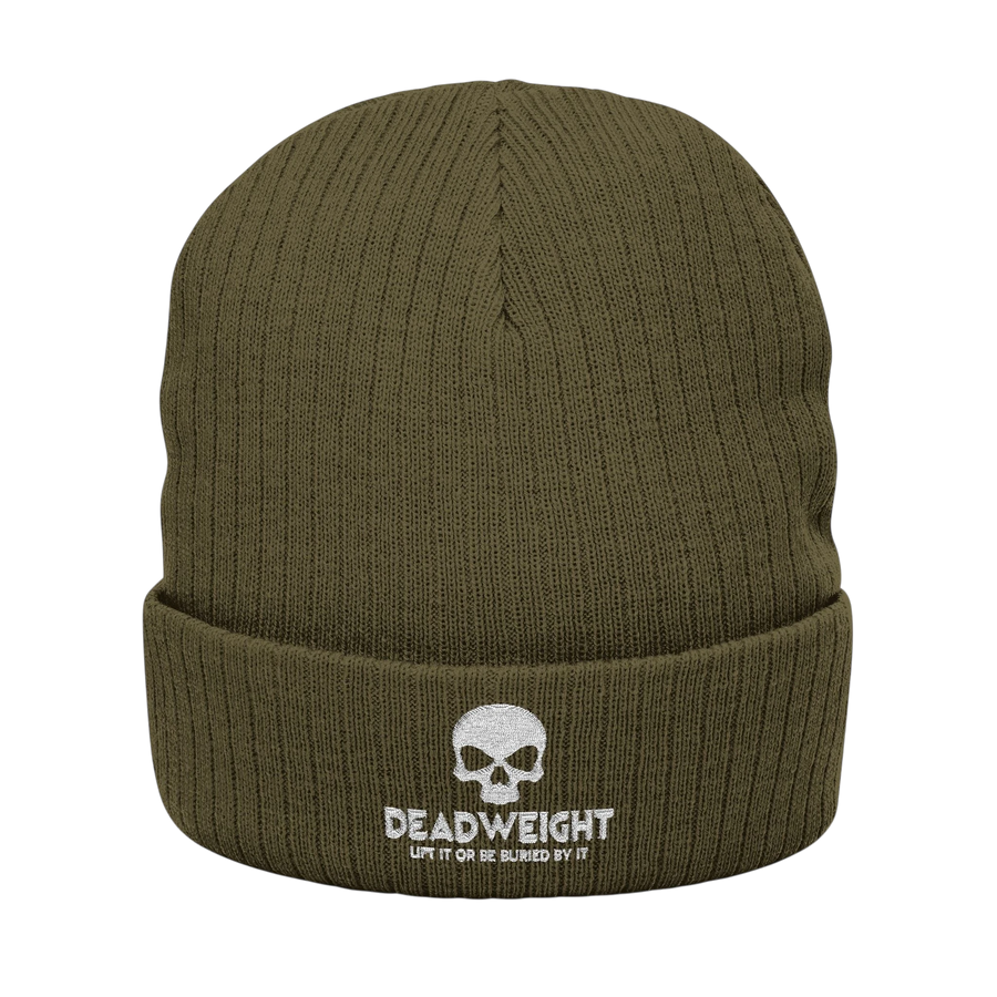 DailyThreadCo. olive green ribbed knit beanie with white embroidered skull Dead Weight graphic on the cuffed front.