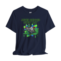 DailyThreadCo. navy blue 100% cotton t-shirt with a graphic print of a muscular pigeon on a park bench. Text reads 