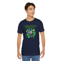DailyThreadCo. navy blue 100% cotton t-shirt with a graphic print of a pigeon on a park bench and the text 