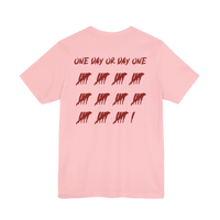DailyThreadCo. light pink cotton t-shirt featuring a back graphic with red tally marks and One Day or Day One text.