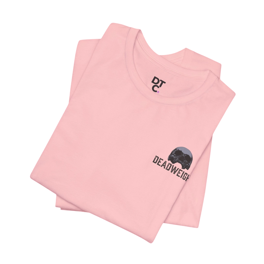 DailyThreadCo. pink 100% cotton t-shirt with distressed skull graphic and "DEADWEIGHT" text on chest.