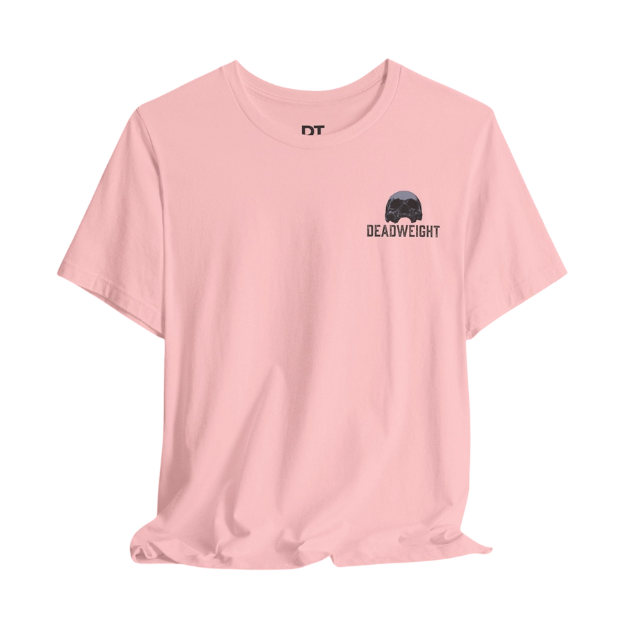 DailyThreadCo. pink 100% cotton crewneck t-shirt with distressed skull and "DEADWEIGHT" graphic on chest.
