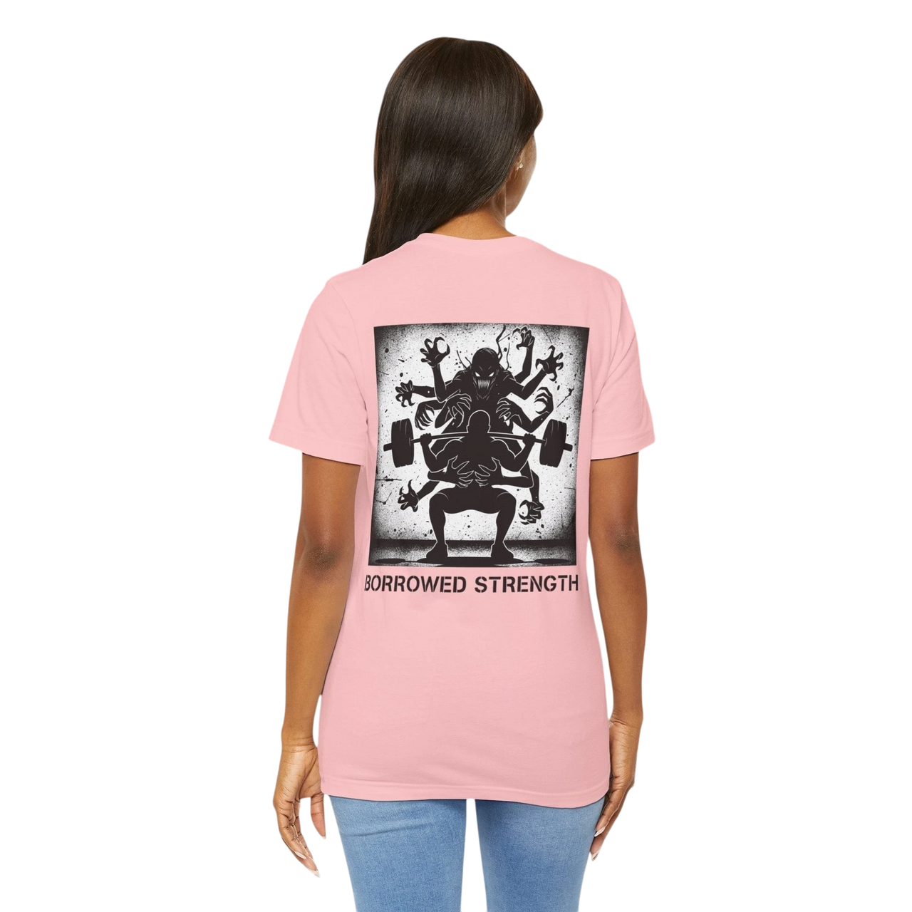 DailyThreadCo. pink cotton t-shirt with a graphic back print of a weightlifter with multiple arms and a monster, with the text "BORROWED STRENGTH".