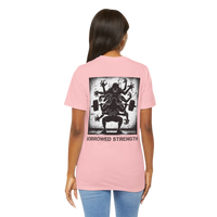 DailyThreadCo. pink cotton t-shirt with a graphic back print of a weightlifter with multiple arms and a monster, with the text 