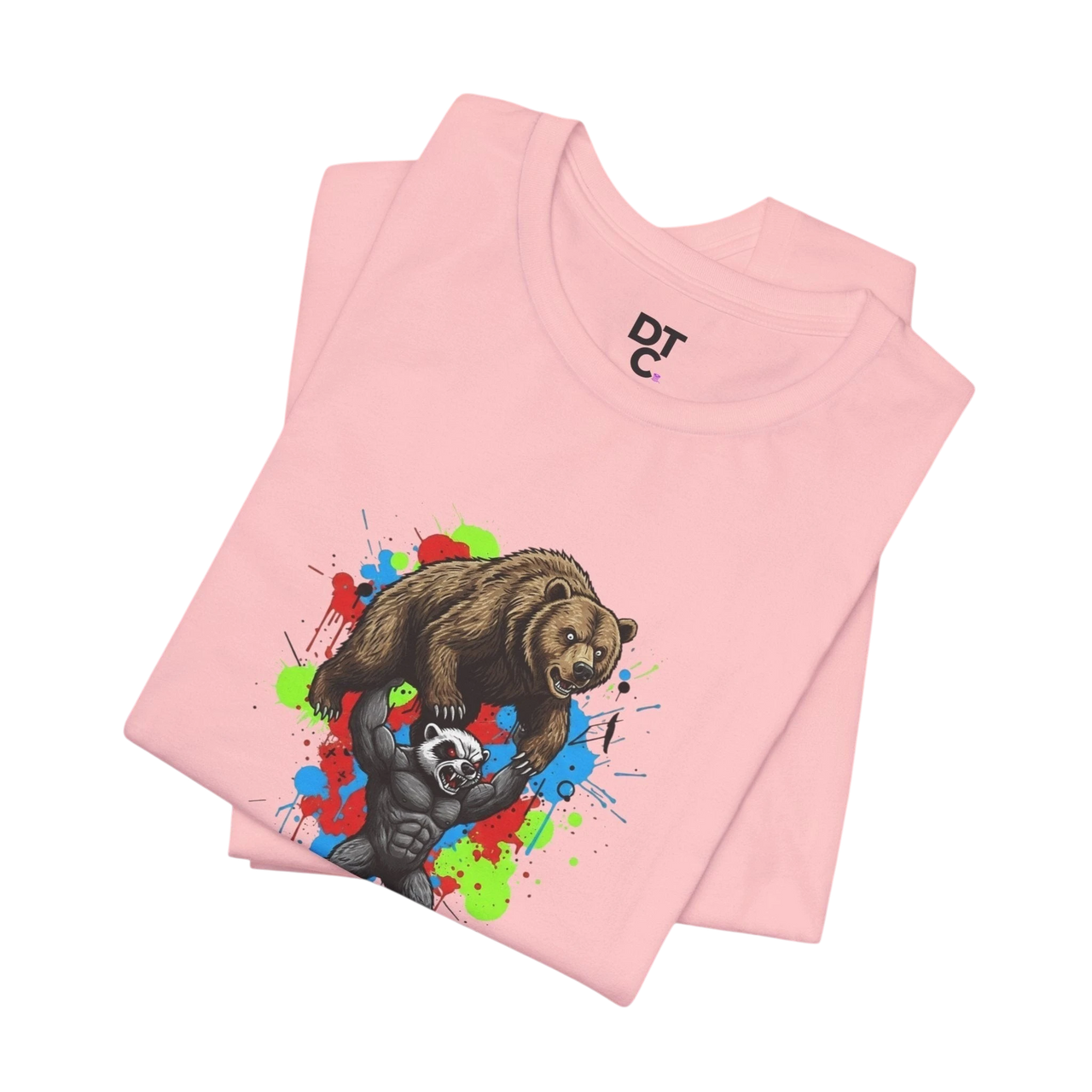 DailyThreadCo. pink 100% cotton t-shirt with graphic of a honey badger lifting a bear, set against a colorful paint splash background.