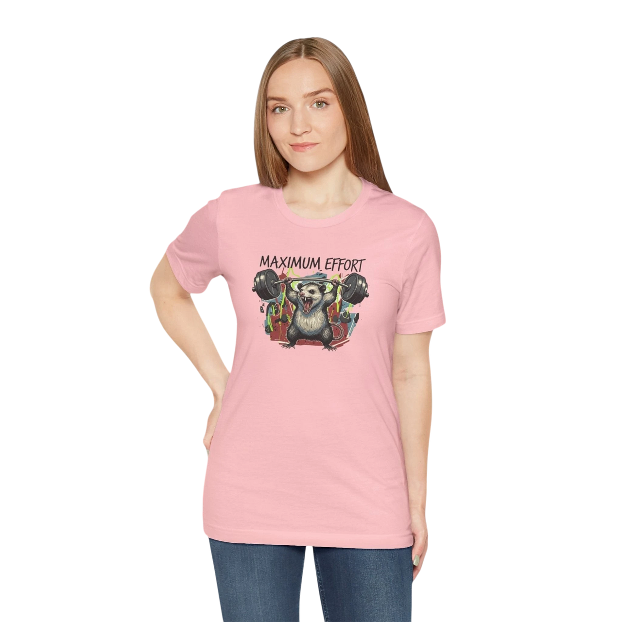 DailyThreadCo. pink 100% cotton t-shirt with a graphic of a possum lifting a barbell and the text "MAXIMUM EFFORT".