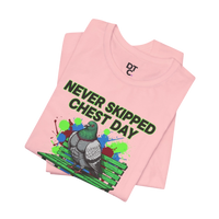 DailyThreadCo. pink cotton t-shirt with a graphic of a muscular pigeon on a park bench and the text 