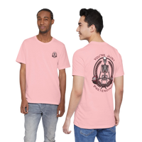 DailyThreadCo. pink 100% cotton t-shirt with skeleton weightlifter graphic on back and small chest emblem.