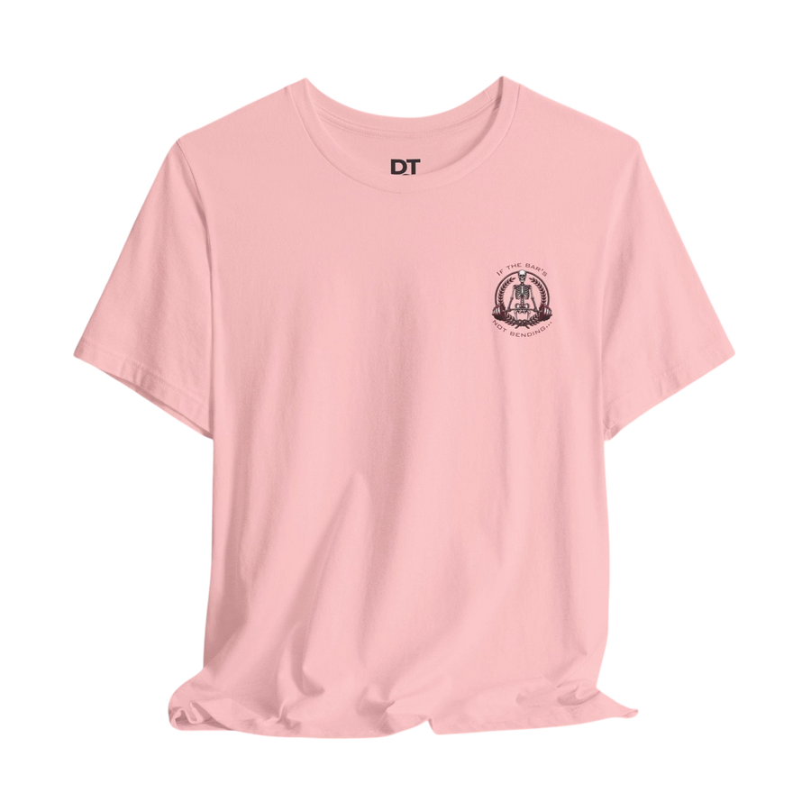 DailyThreadCo. light pink 100% cotton t-shirt with a small chest graphic of a skeleton lifting weights and a larger graphic on the back.