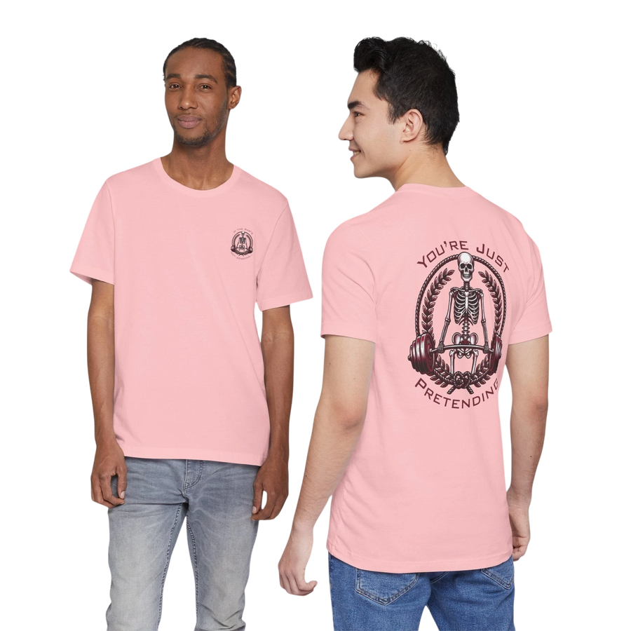 DailyThreadCo. pink 100% cotton t-shirt with skeleton weightlifter graphic on back and small chest emblem.