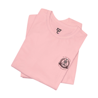DailyThreadCo. light pink 100% cotton crew neck t-shirt with a small chest graphic of a skeleton lifting weights.
