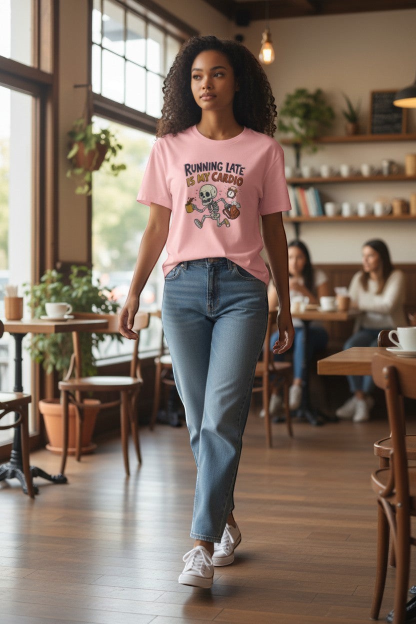 DailyThreadCo. pink cotton t-shirt with a cartoon skeleton running, holding coffee and a briefcase, with the text "Running Late Is My Cardio".