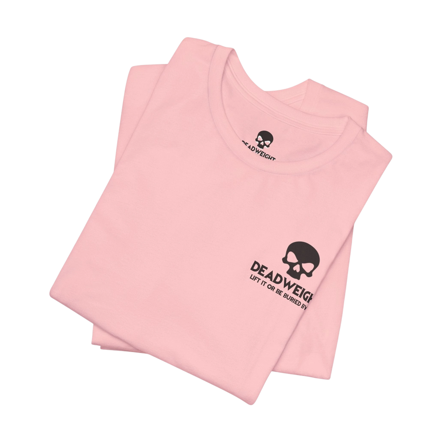 DailyThreadCo. light pink cotton crew neck t-shirt with a small black skull graphic and Deadweight text on the chest.