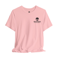 DailyThreadCo. light pink cotton crew neck t-shirt featuring a small black skull graphic and Deadweight text on the chest.