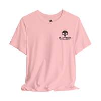 DailyThreadCo. light pink cotton crew neck t-shirt featuring a small black skull logo on the chest.