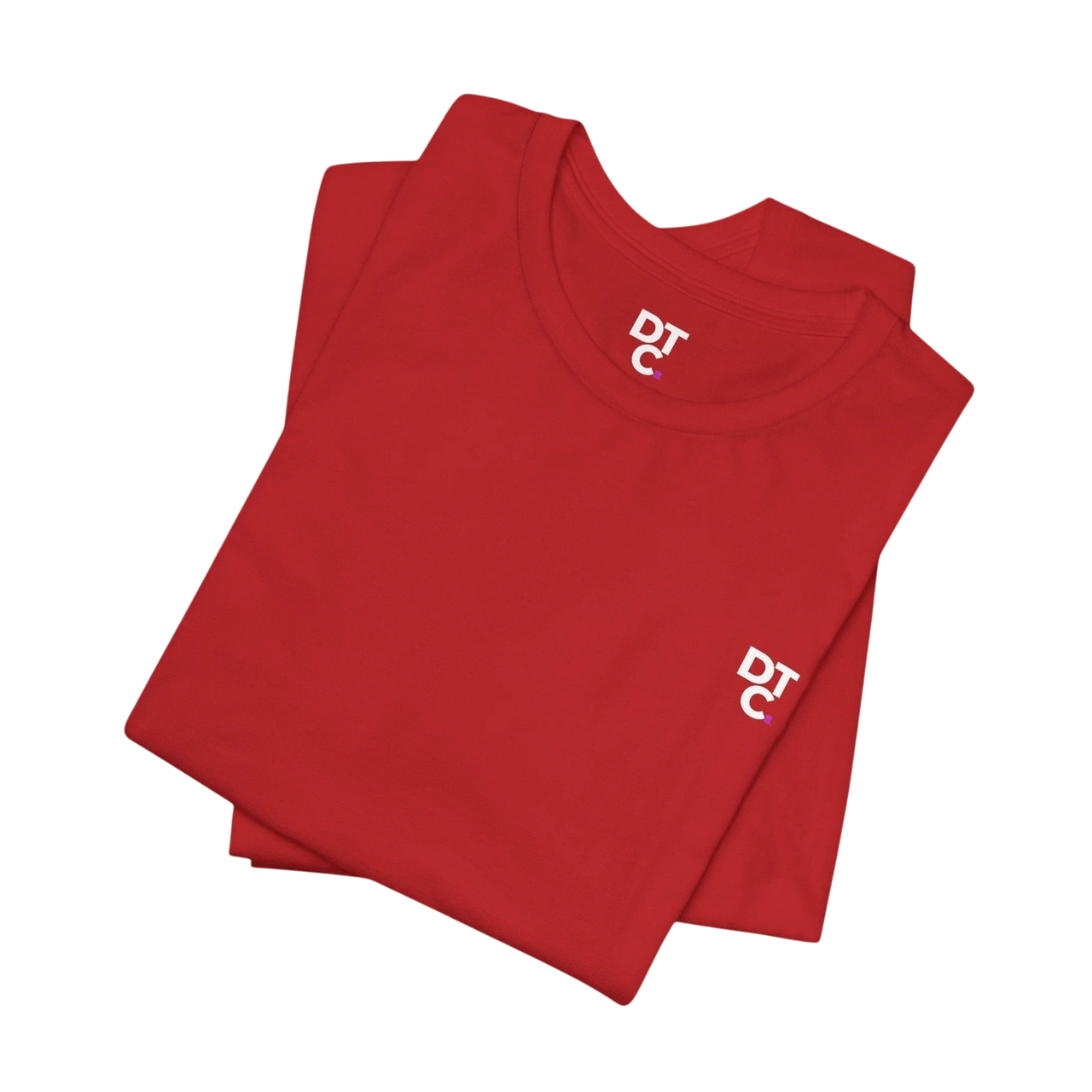 DailyThreadCo. red 100% cotton crew neck t-shirt with small white DTC logo on chest and sleeve.