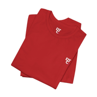 DailyThreadCo. red 100% cotton crew neck t-shirt with small white DTC logo on chest and sleeve.