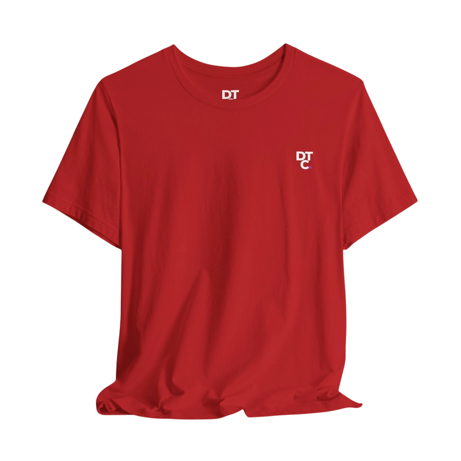 DailyThreadCo. red 100% cotton t-shirt with a small white DT logo on the left chest.