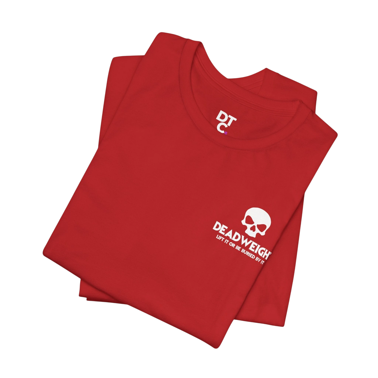 DailyThreadCo. red gym t-shirt featuring a white skull chest logo and Deadweight branding for weightlifting.