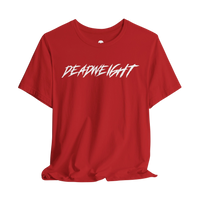 DailyThreadCo. red crew-neck gym t-shirt with white jagged DEADWEIGHT text on the chest, made of soft cotton.
