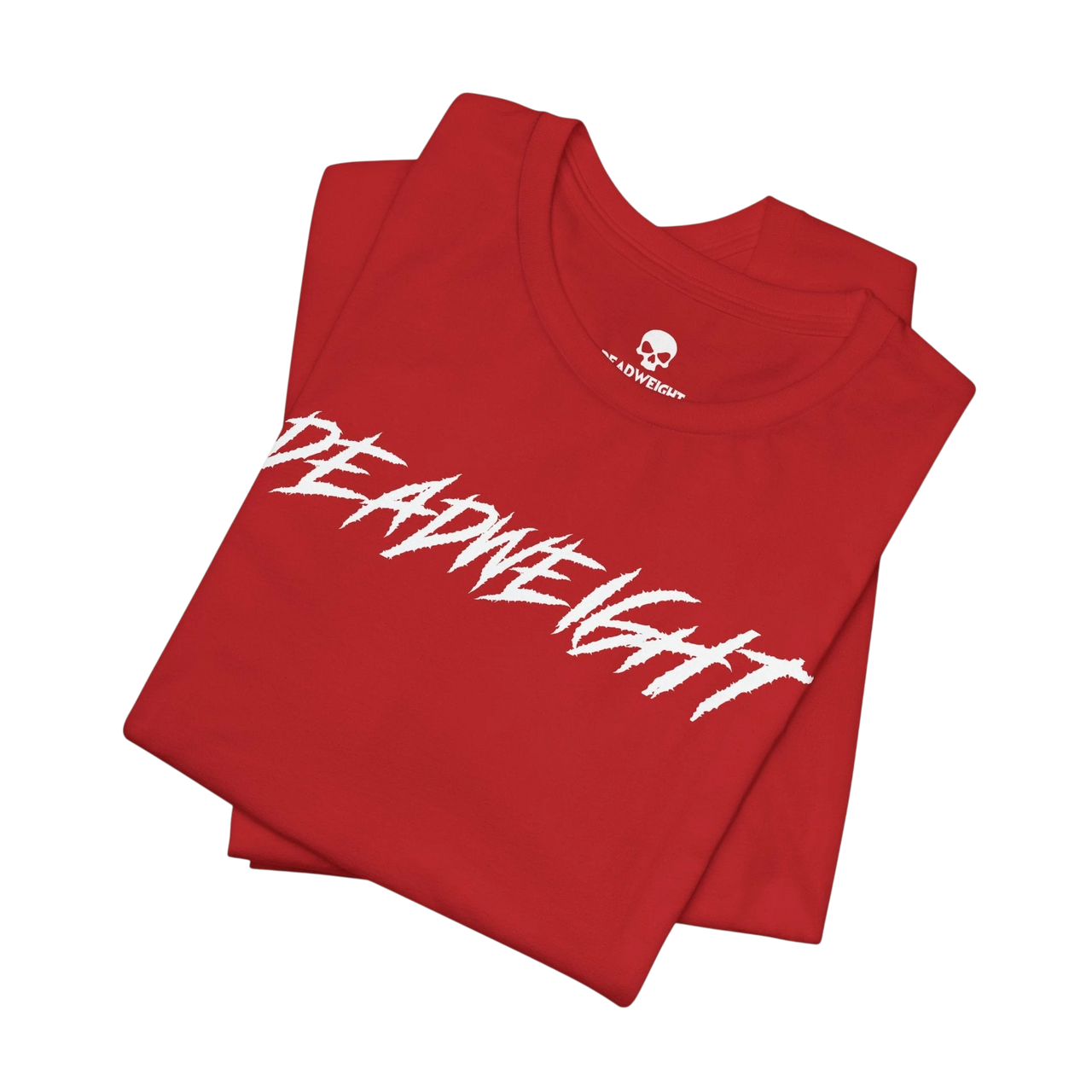 DailyThreadCo. red crew-neck gym t-shirt with white jagged DEADWEIGHT graphic print on soft cotton fabric.