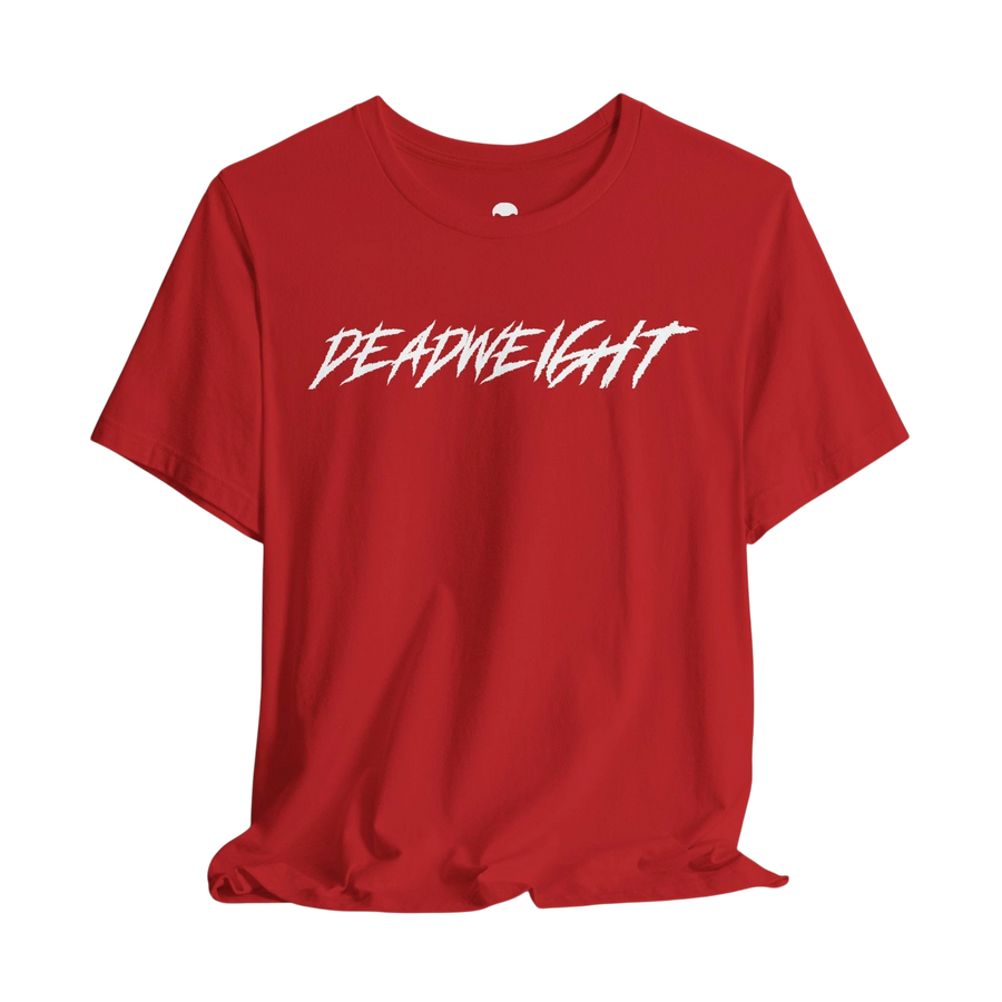 DailyThreadCo. red crew-neck gym t-shirt with white jagged DEADWEIGHT text on the chest, made of soft cotton.